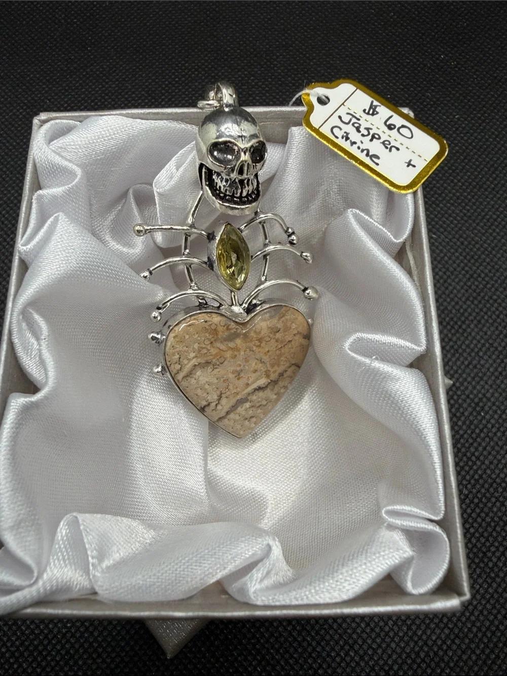 Sterling Silver Skull & Heart Pendant with Jasper and Citrine3.10”